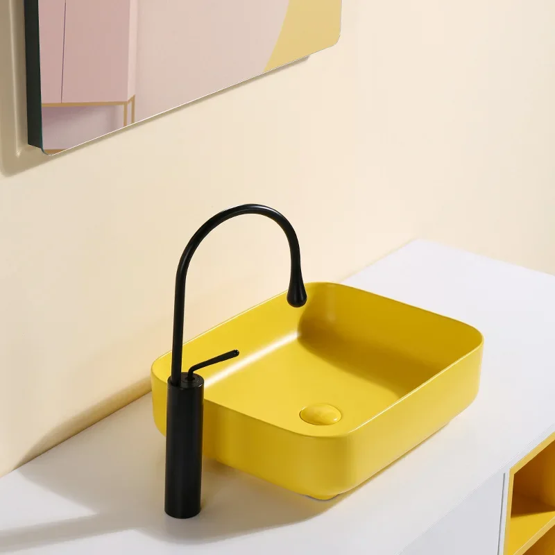 

Nordic Yellow Above Counter Basin Ceramic Square Bathroom Art Washbasin Shampoo Sinks Hand Painted Porcelain Sinks without tap