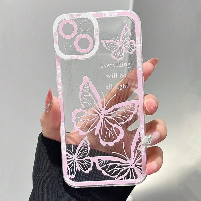 Pink Butterfly Pattern Phone Case For iPhone 16 14 13 12 11 15 Pro Max 7 8 Plus XS XR X SE 2022 Personalized Border Soft Cover
