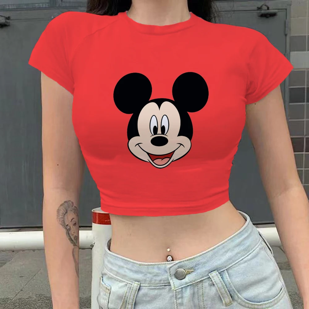 

Short Sleeve Womens Tshirt Casual Disney Minnie Mickey Mouse Print Fashion Crop Top T Shirt Ladies Fashion Korean Tee Shirt