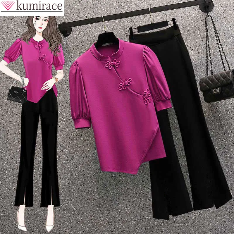 2022 Summer Retro Chinese Style Elegant Women's Pants Set Lantern Sleeve Button Cheongsam T-shirt Black Trousers Two Piece Set