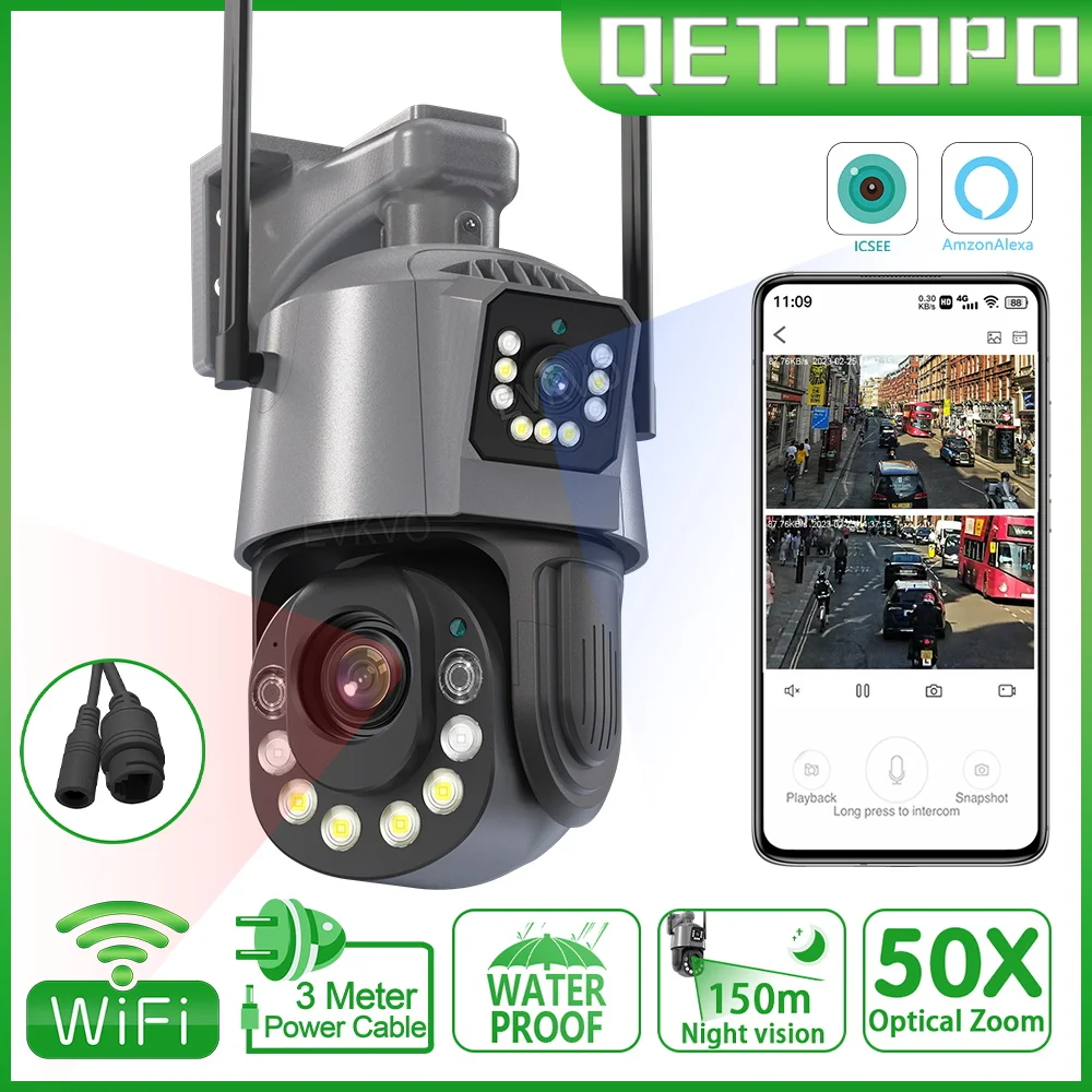 

Qettopo 4K 8MP Metal Dual Lens PTZ Wifi Camera Outdoor 50X Optical Zoom AI Human Detection 150M Night Vision IP Camera iCsee