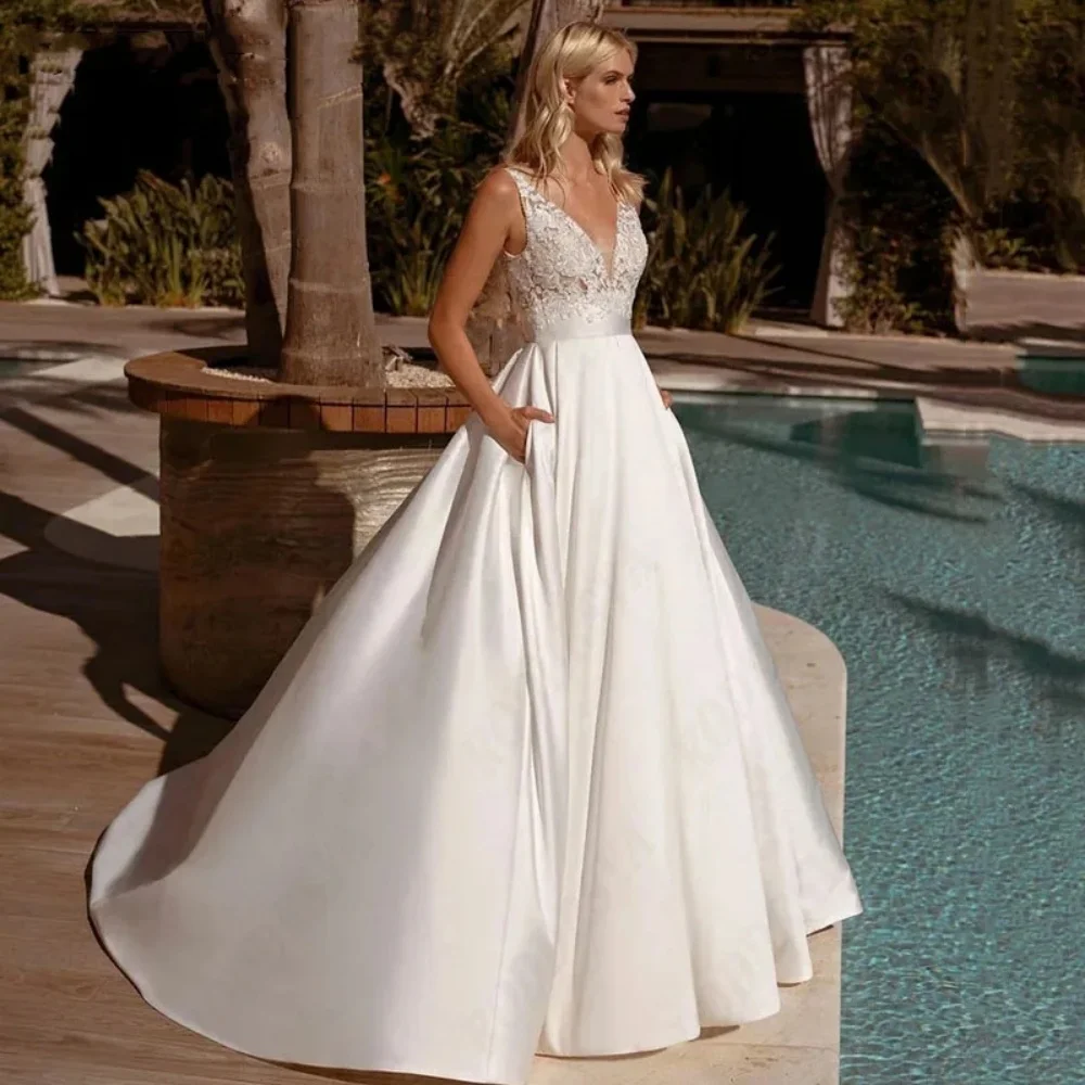 

Ryanth 2024 Soft Satin A-Line Wedding Dresses Insertable Pocket V-Neck Sleeveless Brautkleider Glitzer Floor Length Custom Made