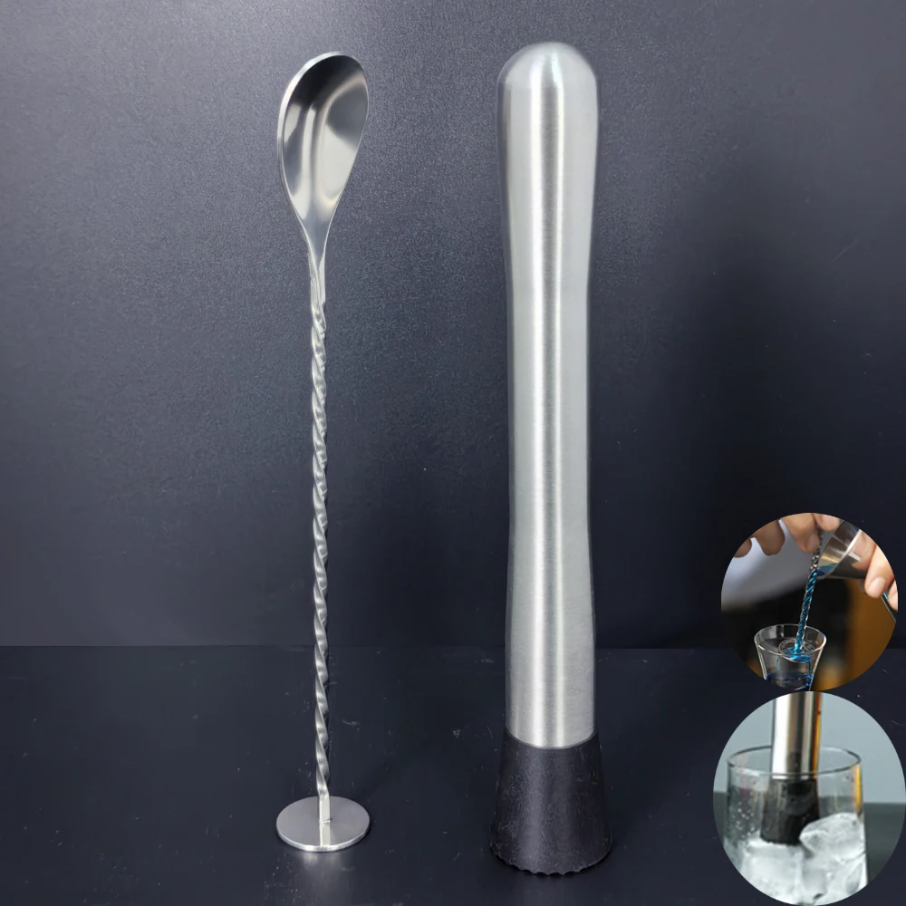 2Pcs Fruit Muddlers Bar Spoons Stainless Steel Caipirinha Pestles Mixing Cocktail Shakers Accessories Tool Set