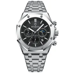 BINBOND Luxury Men's Quartz Waterproof Stainless Steel Watch with Luminous Dial and Date Function (Silver Black)