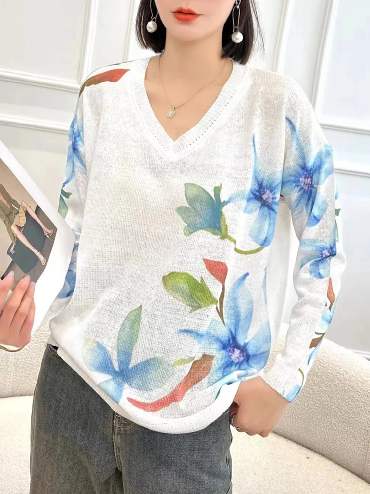 

Floral Print Sweaters Spring Summer New V Neck Knitwears Pullover Pull Femme Female Casual Jumper Long Sleeve Women's Sweater