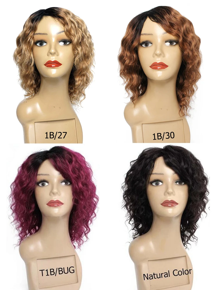 Remy Human Hair Wigs Machine Made Natural Color Ombre Blonde Burgundy Deep Wave Short Hair Style