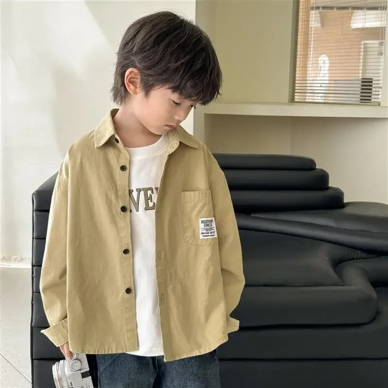 Spring Autumn Childrens Outerwear Teen Boys Shirt Solid Cotton Pocket Baby Boys Coat Single Breasted Kids Tops 3-12Y