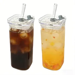 Premium Borosilicate Glass Tumbler with Straw Lid - 400ml Heat Resistant Reusable Cup - 400ml (2pcs)