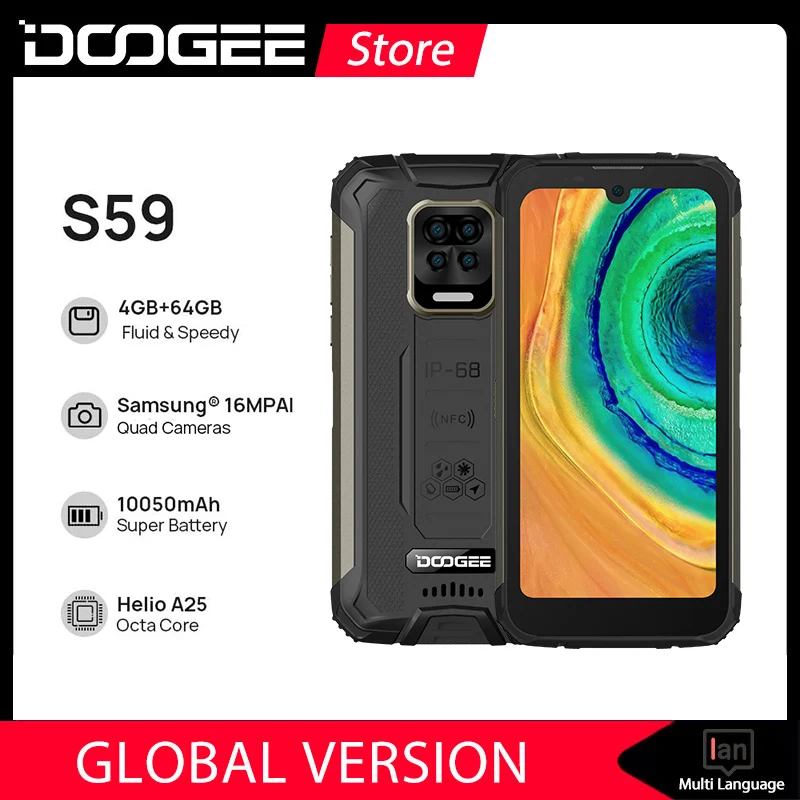 Смартфон DOOGEE S59 защищенный 4 + 64 ГБ 10050 дюйма мобильный телефон мА · ч IP68/IP69K 2 Вт