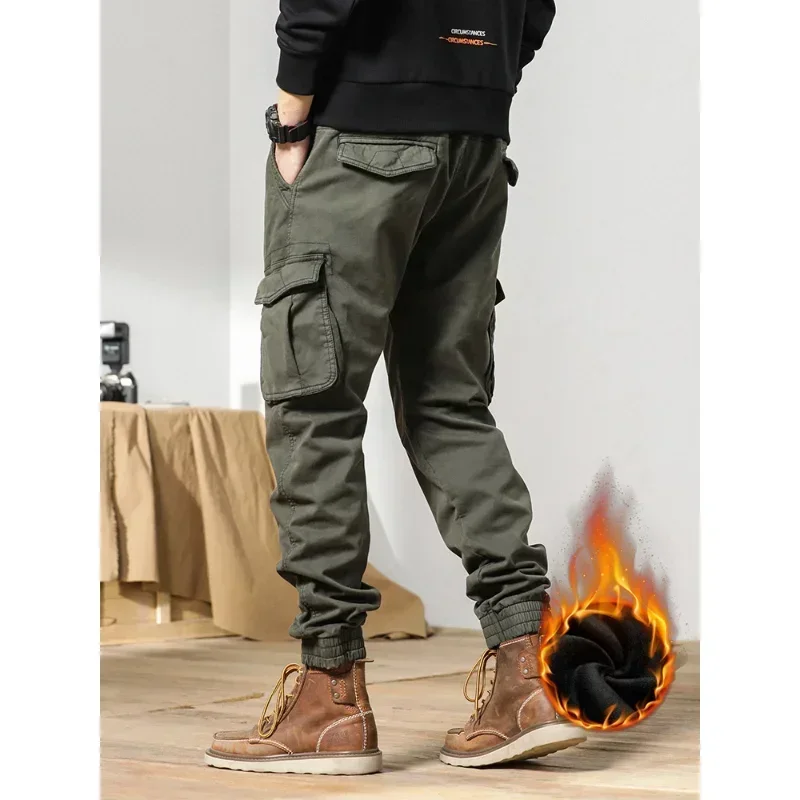 New Multi-Pockets Winter Cargo Pants Men Fleece Liner Thick Warm Slim Fit Joggers Streetwear Casual Cotton Thermal Trousers casual pants