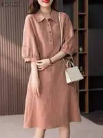 ZANZEA Women Cotton Shirt Dress 2024 Summer Lapel Neck Dresses Korean Office 3/4 Sleeve Midi Vestidos Elegant Solid Buttons Robe - Image 4