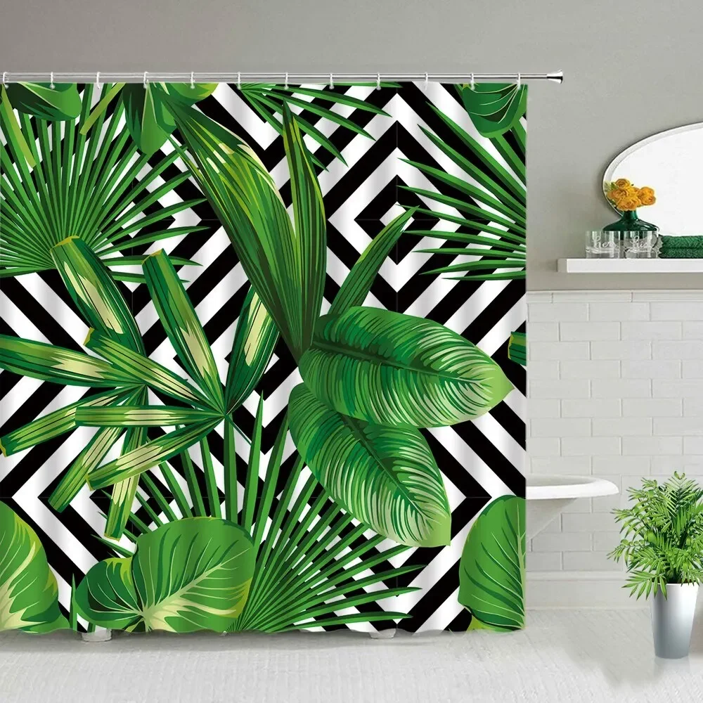 

Занавеска для душа с листьями пальмы, тропические листья, листья банана, листья монстера, зеленые тропические лес, фотозанавеска из полиэстера с крючками