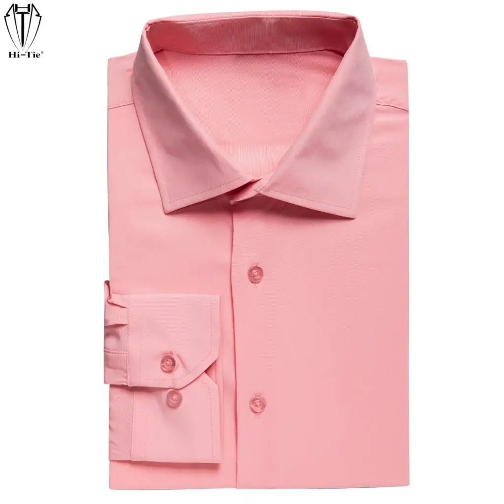 Hi-Tie Plain Coral Pink Silk Mens Shirts Lapel Long Sleeve Dress Suit Social Shirt Soft Breathable Male Blouse Wedding Business