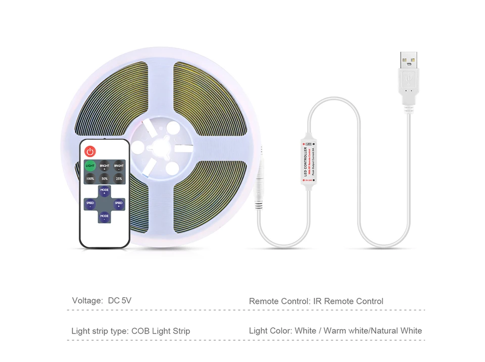 Description Picture 3 of itemUSB 5V COB Led Lights Strip Adjustment Brightness 320LEDs/M LED Ribbon Double-sided Tape RF Remote Control Dimmer Night Light
