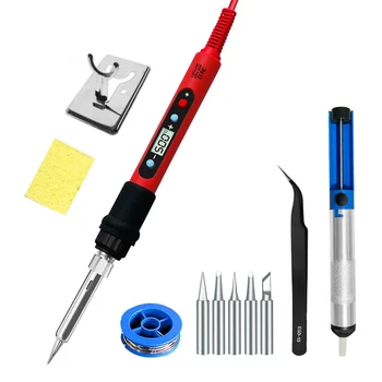 80W Adjustable Temperature Soldering Iron Kit LCD Soldering Soldering Tools Ceramic Heater Soldering Tips Tweezers Solder Wire 1