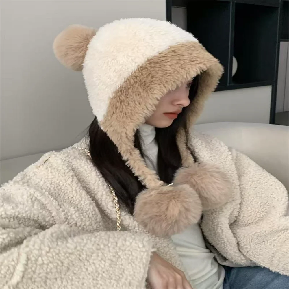 Fluffy Plush Women Beanie Cap Winter Warm Big Pompom Knitted Ear Protection Hat Windproof Snow Ski Female Earmuffs Caps 3