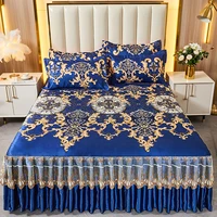 3 Pieces Blue Mattress Pad Sheet Set Paisley Blue Rufled Quilted FittedMattress Protector Include Bed Skirt with 2 Pillowcases 1