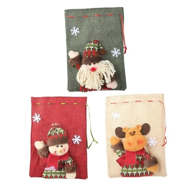 New Year Christmas Decorations Home Linen Drawstring Gift Bag Large Candy Christmas Bags Holiday Cartoon Apple Bag