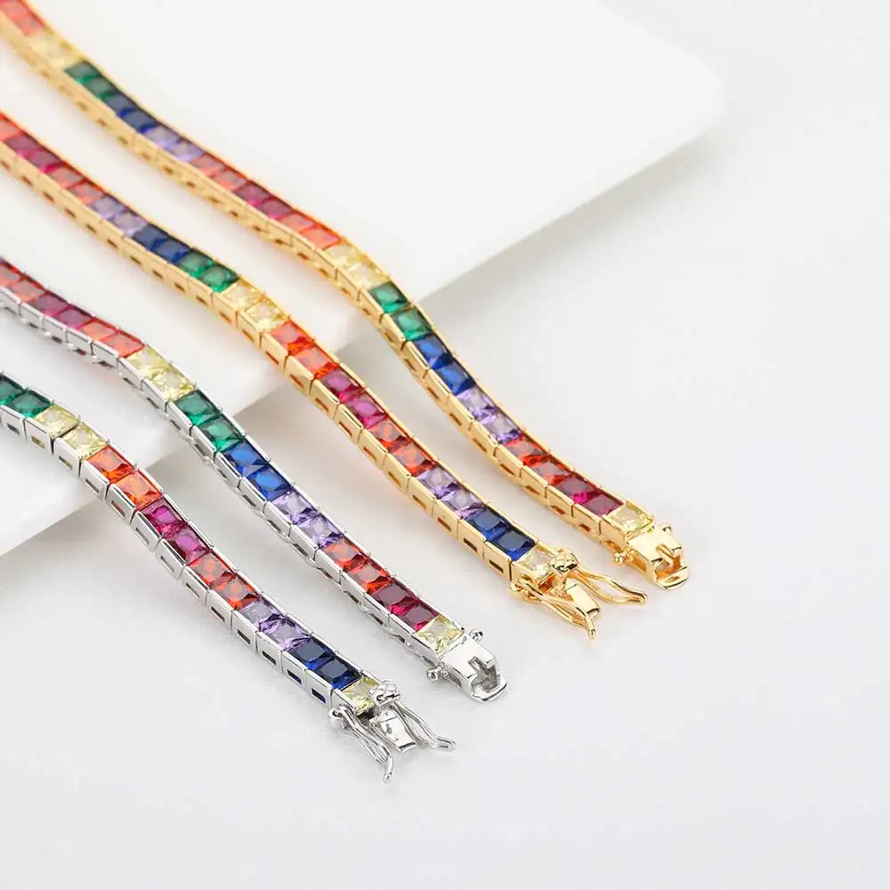 Custom Rainbow Colorful Rectangle CZ Diamond Tennis Chain Iced Out Bling Cubic Zircon Choker Jewelry Gold Color Plated for Women