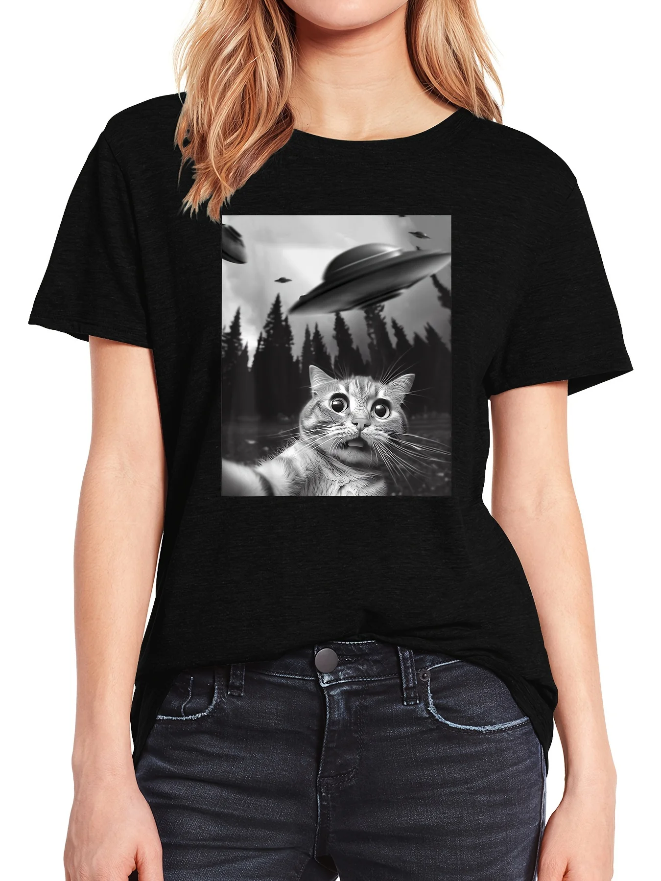Cat & UFO Print Crew Neck T-Shirt, Casual Short Sleeve T-Shirt For Spring & Summer, Women’s Clothing Best Sellers In Women's Clothing