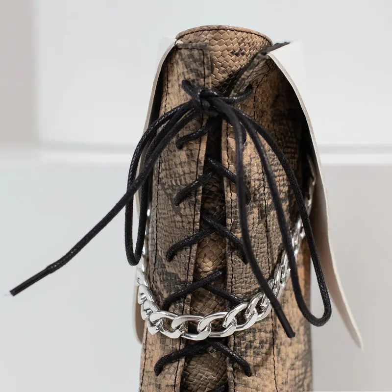 2022 New High Heels Boots Women Pointed Toe Stiletto Booties Sexy Fashion Chain Decorate Patchwork Lace Up Men Shoes Big Size 48