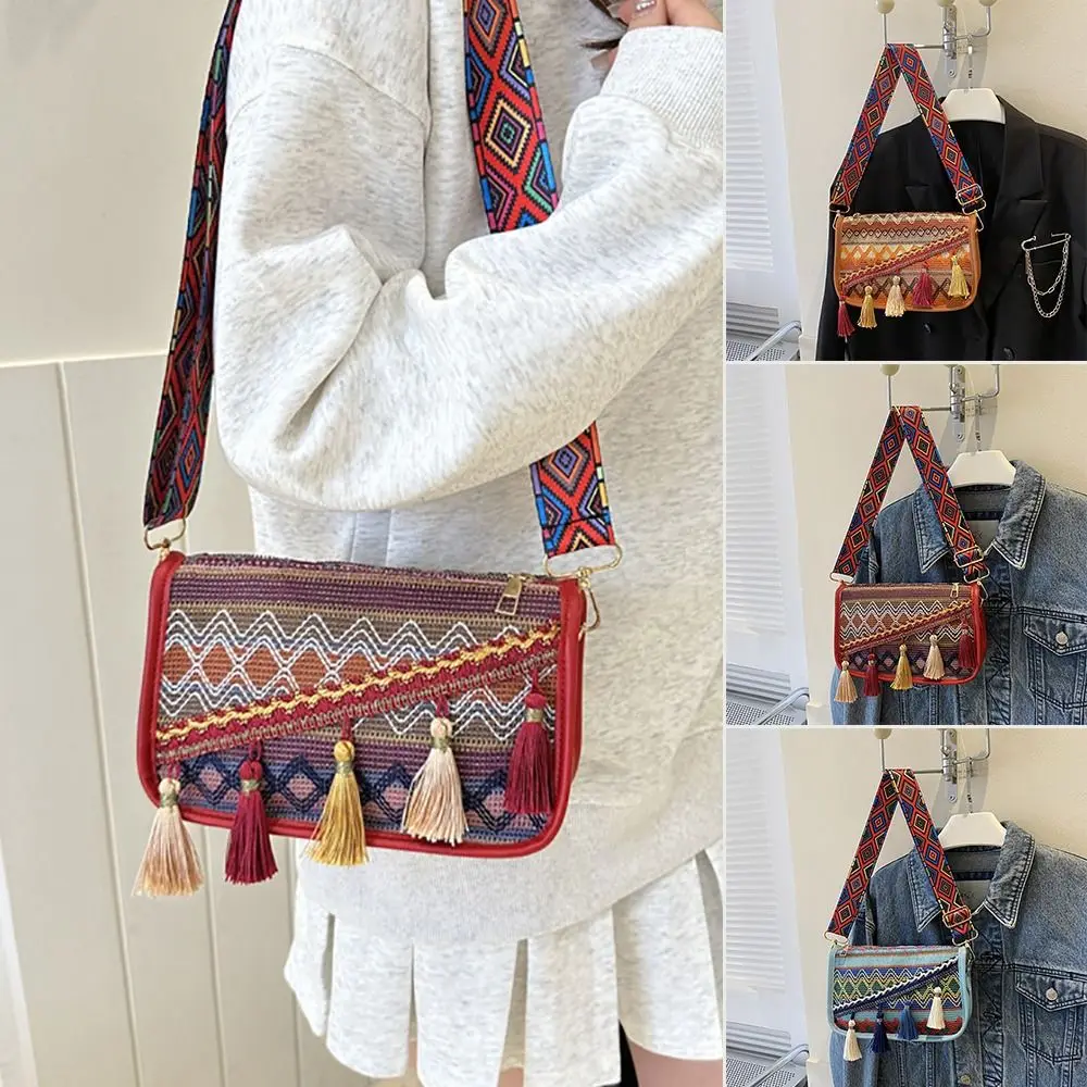 

Большая вместительная сумка через плечо, Портативная сумка через плечо с регулируемым ремешком в стиле ретро, красочная сумка в этническом стиле