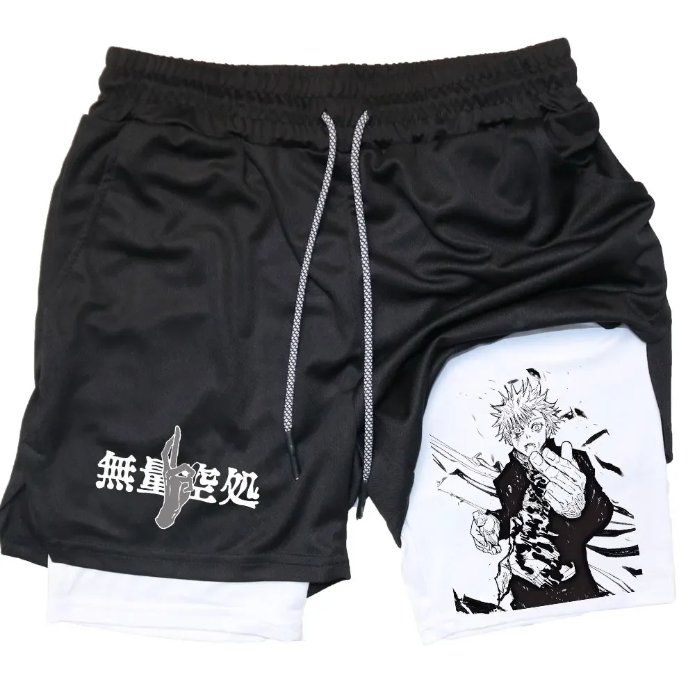 Anime 2 In 1 Compression Shorts Gojo Satoru Print Performance Sportswear Men GYM  Training Workout Male Fitness Sport Shorts 5