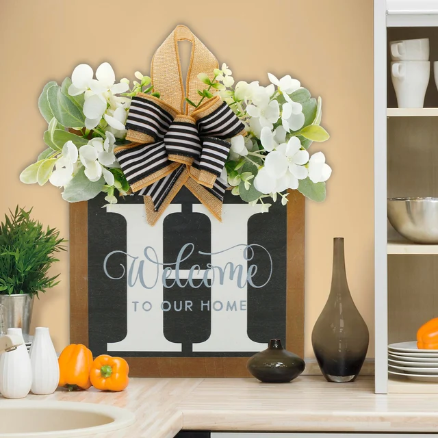 Vezetéknév A Bejárati Ajtó Koszorú Kreatív Üdvözlő Jel Rusztikus Levél Parasztház Csokornyakkendővel És Eukaliptusz Koszorúval - Image 4