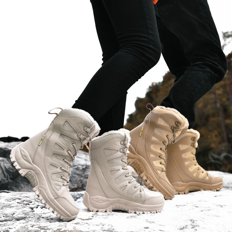 Men Warm Plush Snow Boots Lace Up High Top Waterproof Winter Outdoor Anti-Slip Army Work Desert