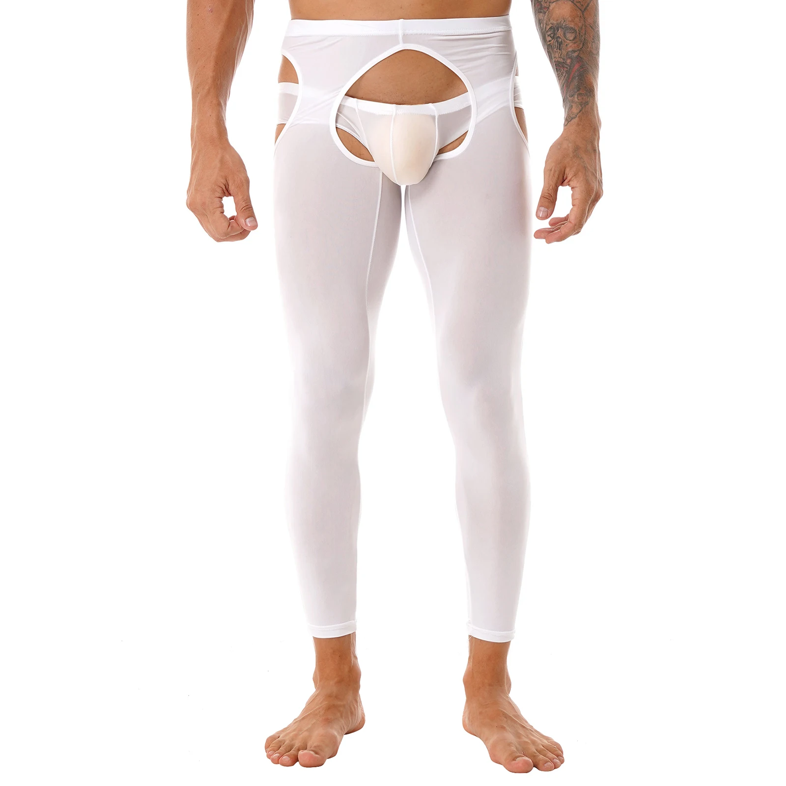 Sexy Mens Stretchy Hollow Out Pouch Leggings Glossy Elastic Waistband Open Crotch Pants Bottoms Underwear Nightwear Nightclub