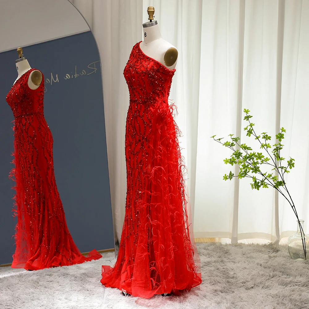 Sharon Said Made Feather One Shoulder Wine Red Mermaid Prom Evening Dresses for Women Wedding Party Gowns with Slit SS354