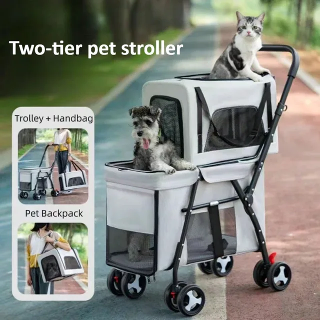 Double Pet Stroller for 2 Small Dogs or Cats Lightweight Foldable Double Cat Stroller with Detachable Carrier Strolling Cart 1