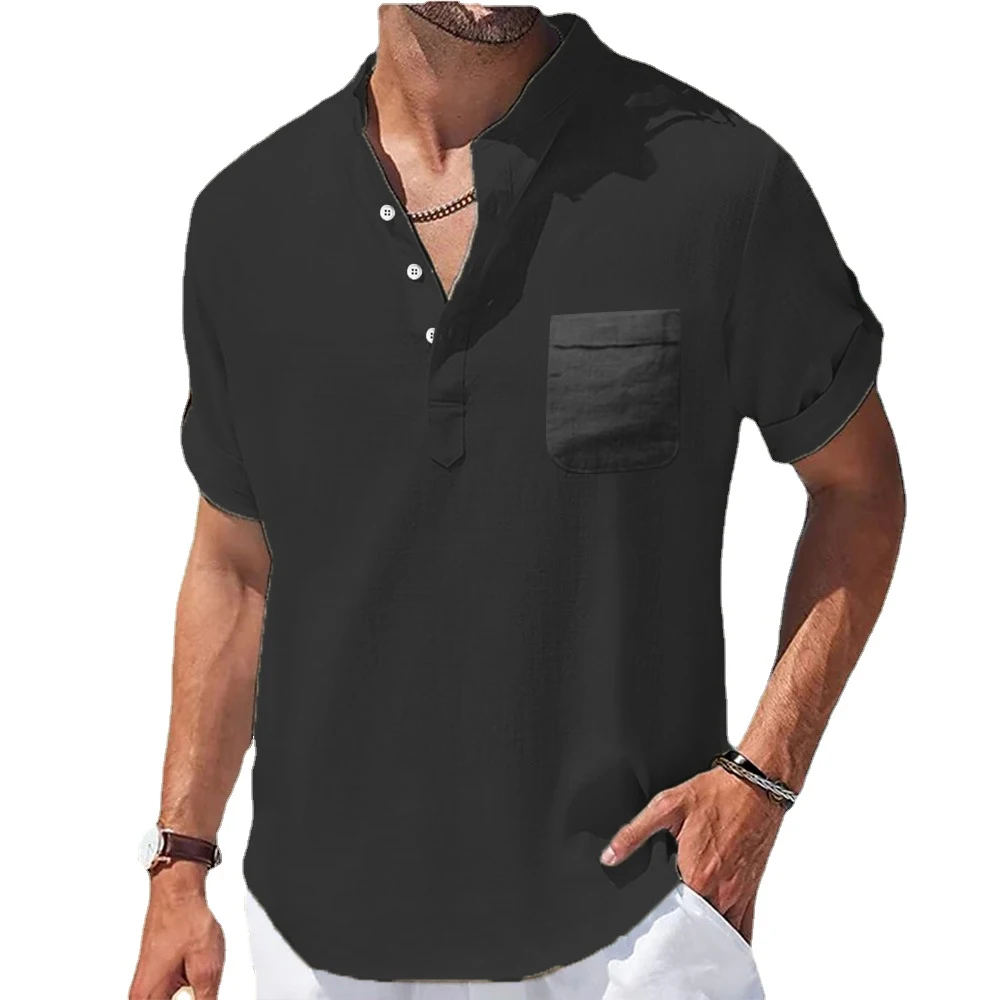 New Men's Casual Stand Up Collar Summer Solid Color Short Sleeve Linen Shirt Trendy Breathable Loose Youth Basic Pocket Top 5