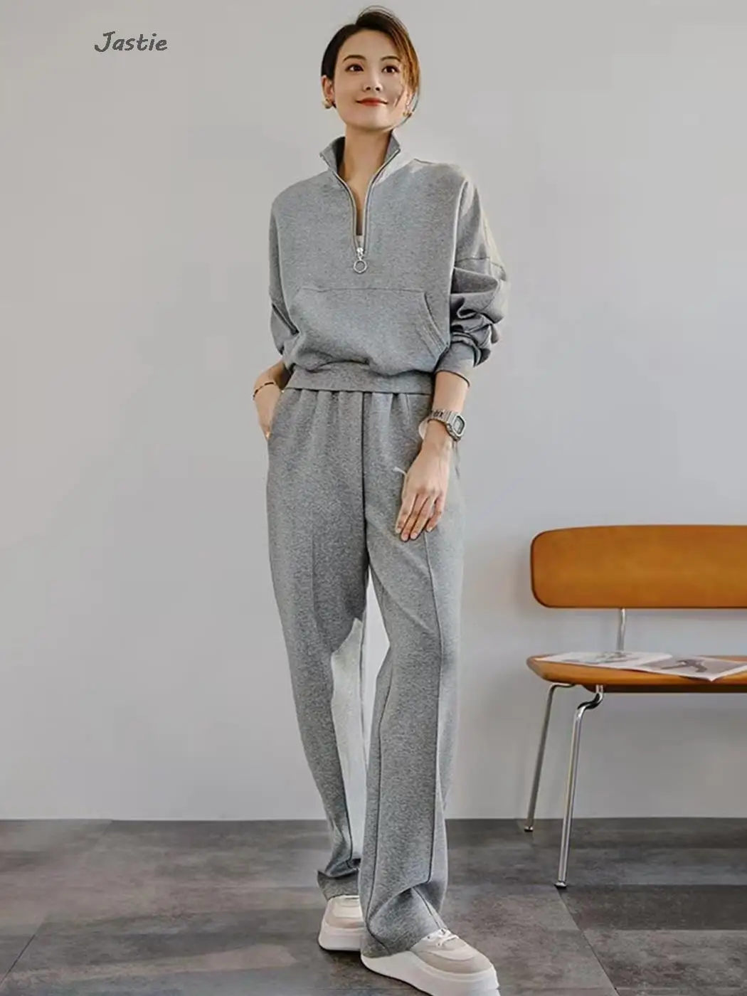 single breasted shirts women shorts sets spring summer casual solid blouse two piece set loose comfort cotton pajamas homewear Stand Collar Zip Up Sweatershirt And Wide Leg Pant Sets Cotton Blend Comfort Casual Pocket Pullover Loose Woman Tracksuit 2pcs