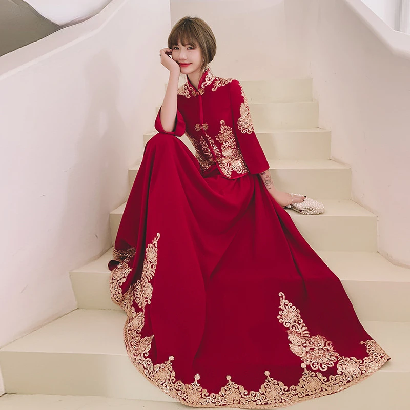 

Chinese Style Cheongsam Bridal Toast Dress Traditional Bride Embroidery Cheongsam Long Evening Dresses Elegant Wedding Dress