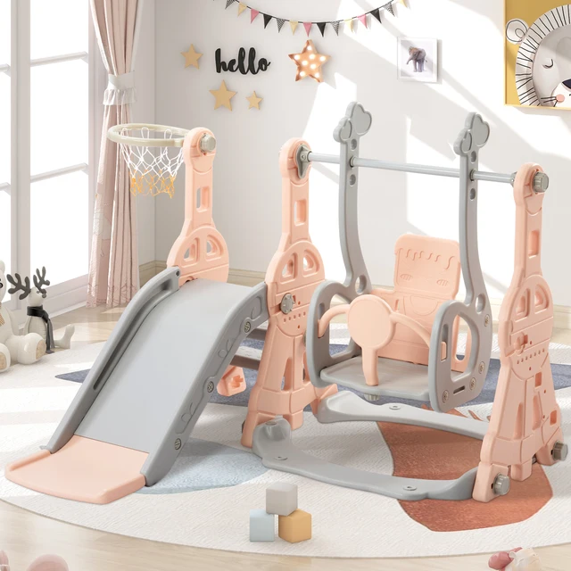 Toboggan pour enfants, toboggan intérieur/extérieur 4-en-1, aire de jeux pour enfants avec panier de basket, étagère et balançoire, pour enfants, rose, bleu 1