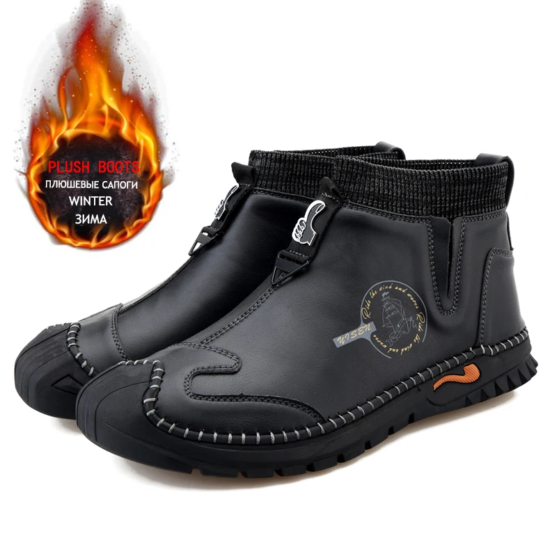 Zapatos de trabajo para hombre, botas de nieve de piel auténtica con plataforma cálida de felpa