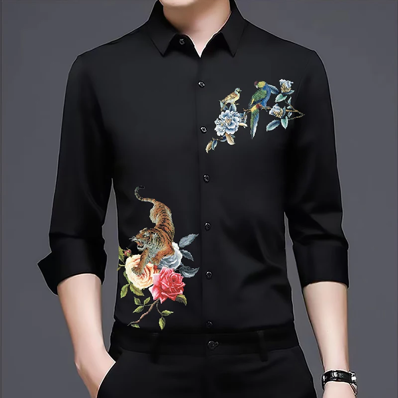 

Лидер продаж, новые мужские модные рубашки с принтом, весенняя одежда с длинным рукавом и цветами, мужские классические рубашки с принтом птиц