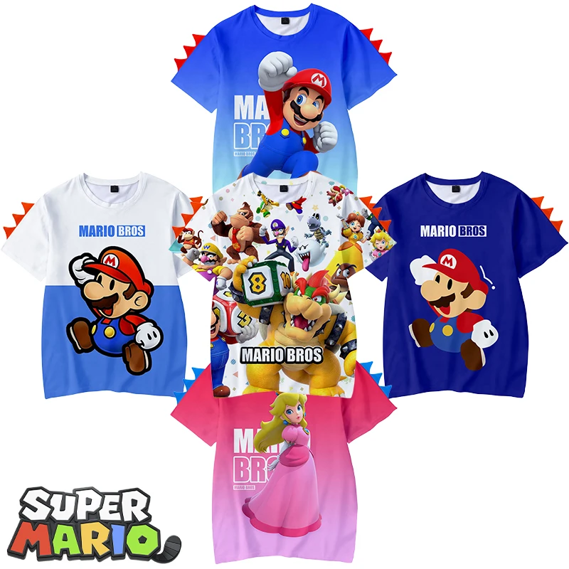 Super Mario Bros Bambini Tshirt Creative Anime Figure Luigi Bowser Peach Summer 3D Print Magliette Bambini Casual Cotton Tees Gift
