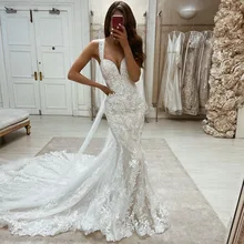 

Sevintage Luxury Mermaid Lace Applique Wedding Dresses Spaghetti Straps V-Neck Bridal Dress Custom Made Wedding Gowns 2022