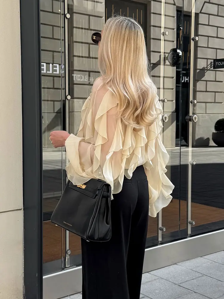HH Summer Women Sexy Translucent Ruffles Thin Blouse 2025 New Fashion V Neck Single Breasted Shirt Woman Elegant Solid Tops