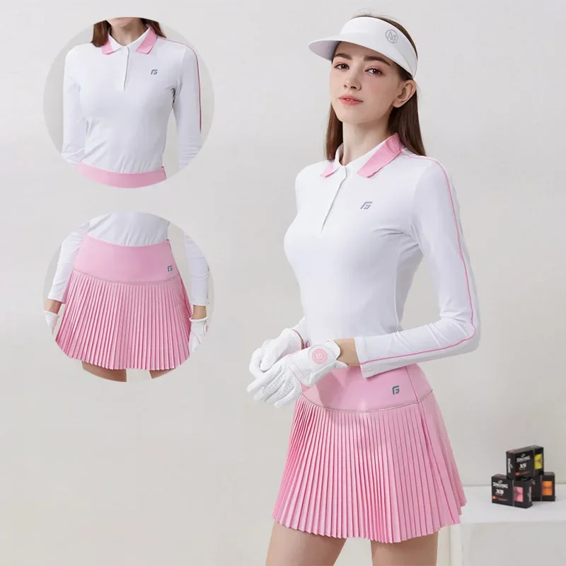 

Azureway Women Elastic Long Sleeve Golf Shirt Breathable Anti-sweat Tops Ladies High-waist Slim Skirt Pleated A-line Sport Skort