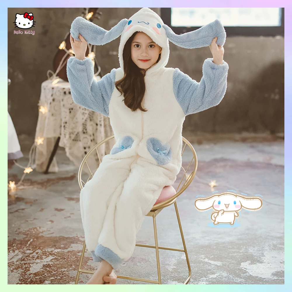 Sanrioed Anime Cinnamoroll Girls One-Piece Pajamas Kids Rompers Warm Jumpsuit Clothes Thickened Plush Pajamas Winter Homewear