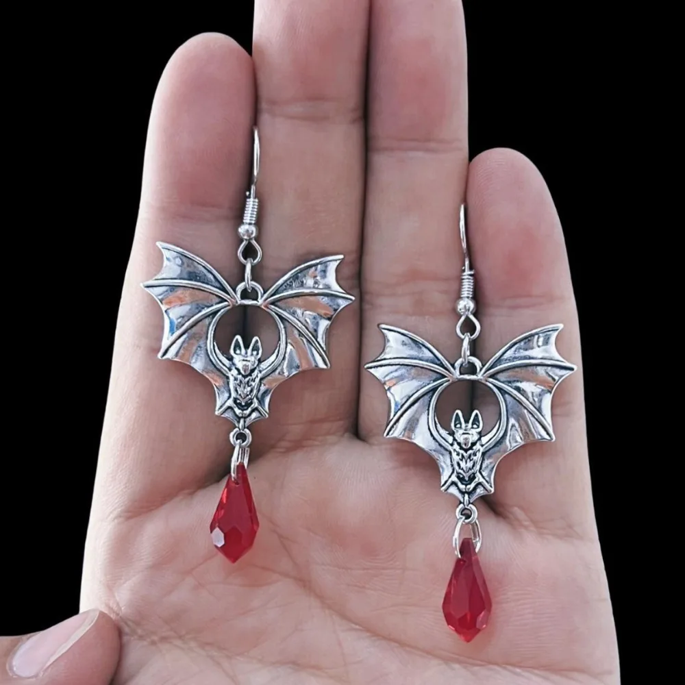 Gothic Vampire Bat Earrings for Women Man Red Crystal Water Drop Pendant Earring Halloween Pagan Witch Ear Jewelry Gift