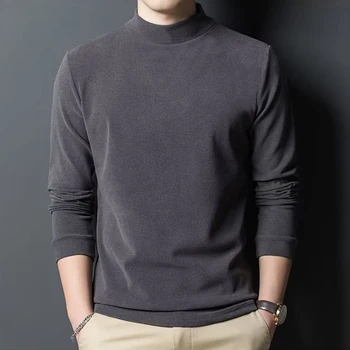 남성용 하프 터틀넥 보온 셔츠, 신축성 있는 양면 플리스 탑, 긴팔 보터밍 셔츠, 단색, 가을, 겨울
