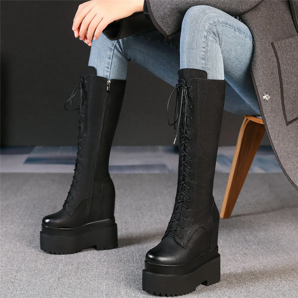 

Winter Pumps Shoes Women Lace Up Genuine Leather High Heel Snow Boots Female Round Toe Platform Fashion Sneakers Casual Shoes