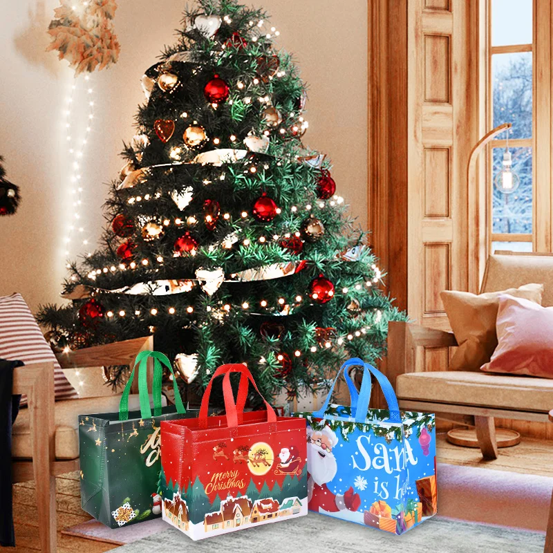 4/8pcs Christmas Gift Bag with Handles Xmas Non-Woven Tote Bag Santa Snowman Candy Treat Bags Navidad New Year Party Decorations