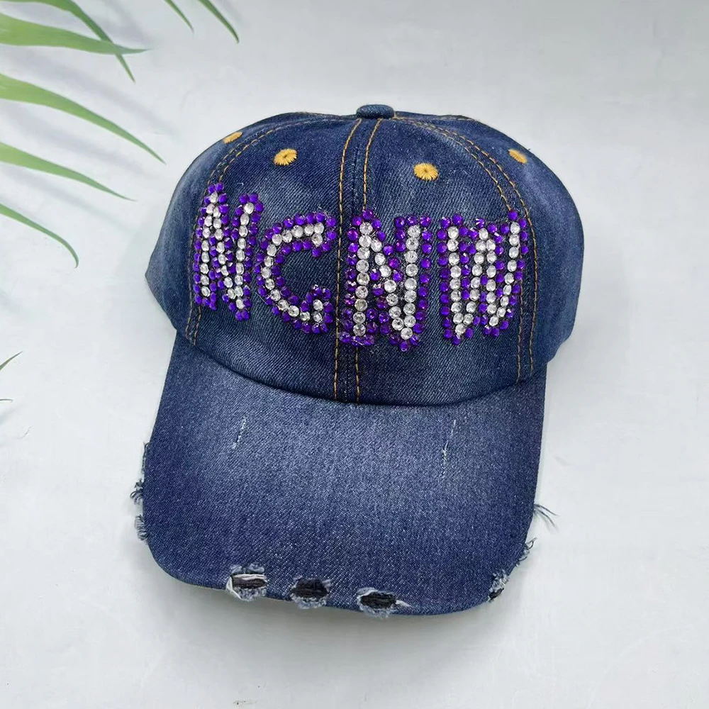 수제 고급 그리스 알파벳 프라타니티 자매들 보라색 흰색 반짝이는 라인스톤 NCNW 카우보이 야구 모자 조절 가능