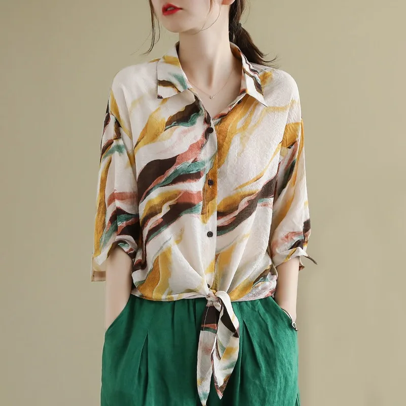 Women's Summer POLO Collar Printed Button Fashion Casual Retro Middle Sleeve Loose Cotton and Hemp Blouses Shirts Cardigan Tops