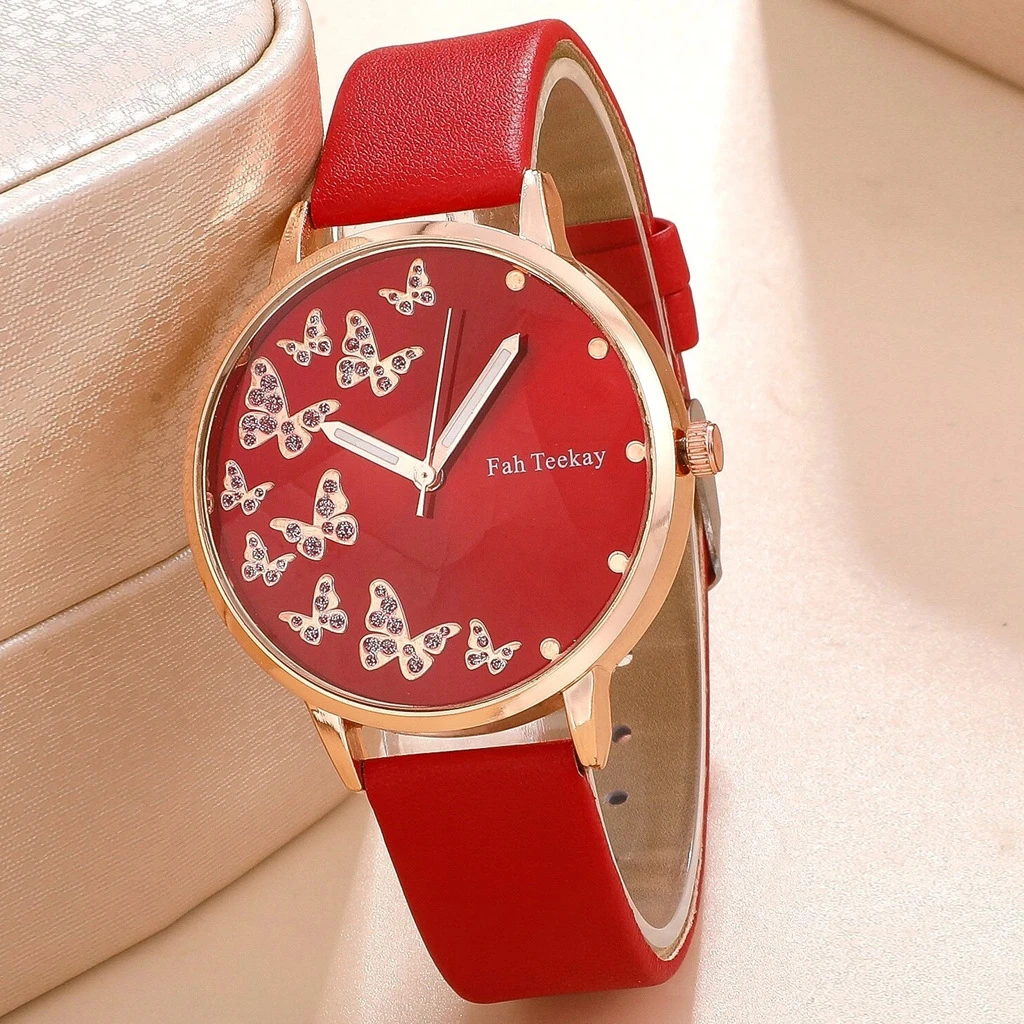 2pcs/set fashion Butterfly pattern rhinestone pu leather women wrist watch 6